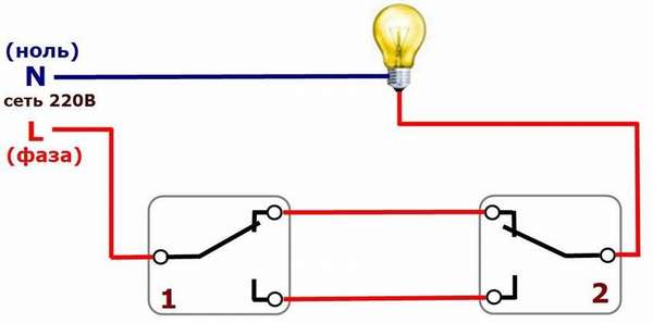 Переключатели проходные (1 и 2) в схеме управления лампой освещения из двух мест