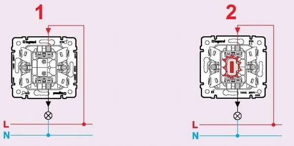 Обычный прибор (1) и выключатель с подсветкой (2) подключают в цепь по одной схеме