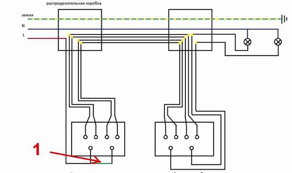 В этой схеме подключения проходного выключателя с двух мест стрелкой отмечена специальная перемычка, которую надо устанавливать дополнительно